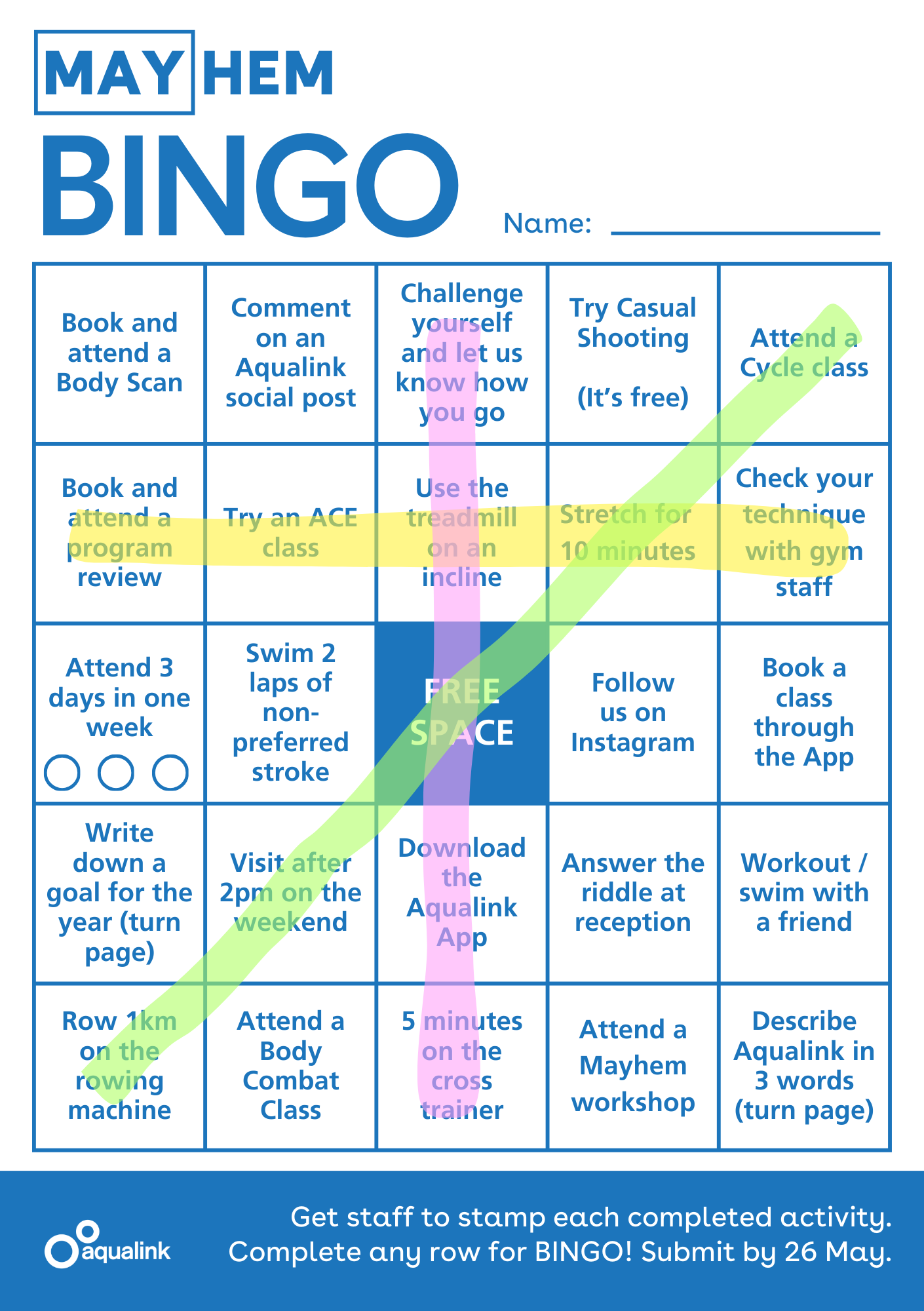 Bingo Card pictured with 5 rows of 5 activities. Displaying highlighted lines horizontally, vertically and diagonally across the activities to demonstrate how to achieve 'Bingo'