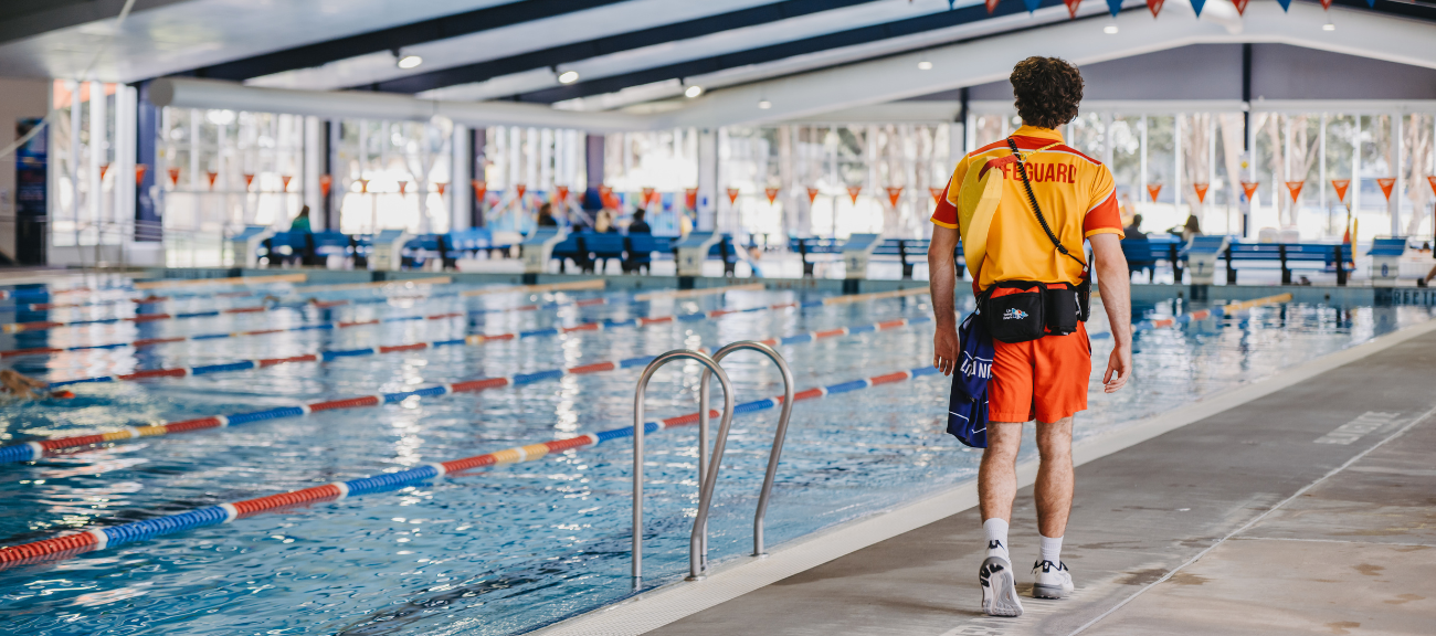 lifeguard roaming 50m pool at Aqualink Nunawading. 