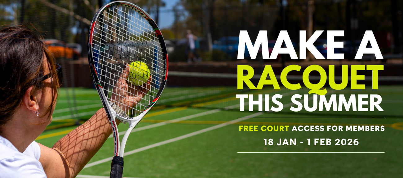 Picture of tennis courts, with a women facing away from the camera, holding a tennis racquet up about to serve. Text overlay 'Make a Racquet this Summer' 'Free Court Access for Aqualink Members' 