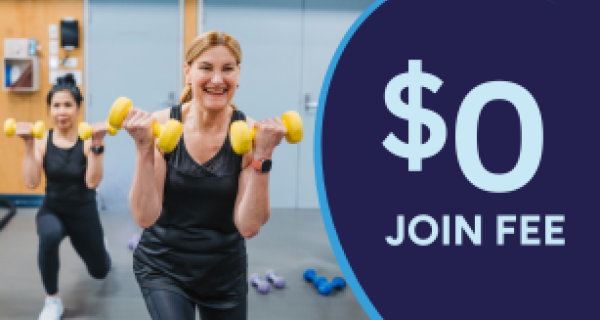 Image of two women holding brightly coloured dumbbells and smiling. Text overlay on a bold background that reads $0 Join Fee